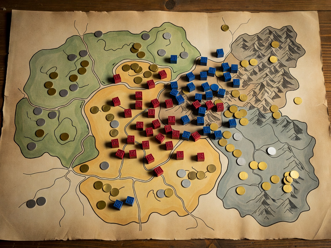 Board game map with regions, tokens and shifting influence across contested areas