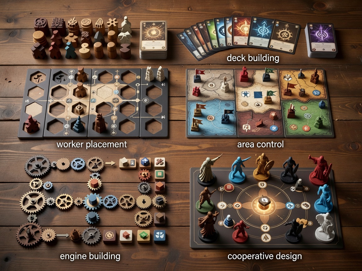 Board game components laid out to illustrate worker placement, deck building, area control, engine building and cooperative design