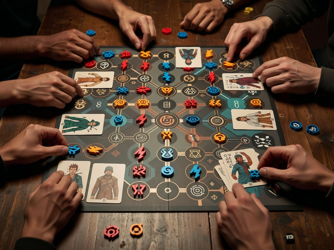 Cooperative board game table with shared objectives, role cards and crisis markers