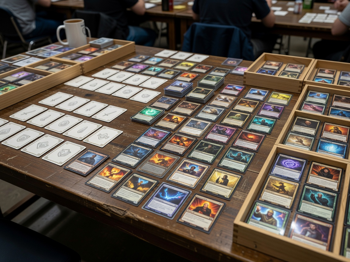 Tabletop card market with starting deck cards and upgraded deck building options