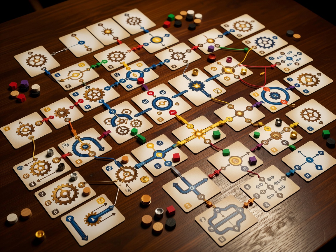 Board game tableau showing cards and tokens that create an expanding engine of linked effects
