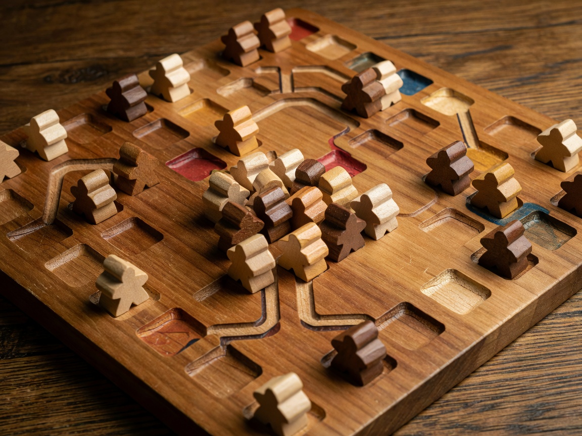 Board game action spaces with wooden workers placed on contested slots